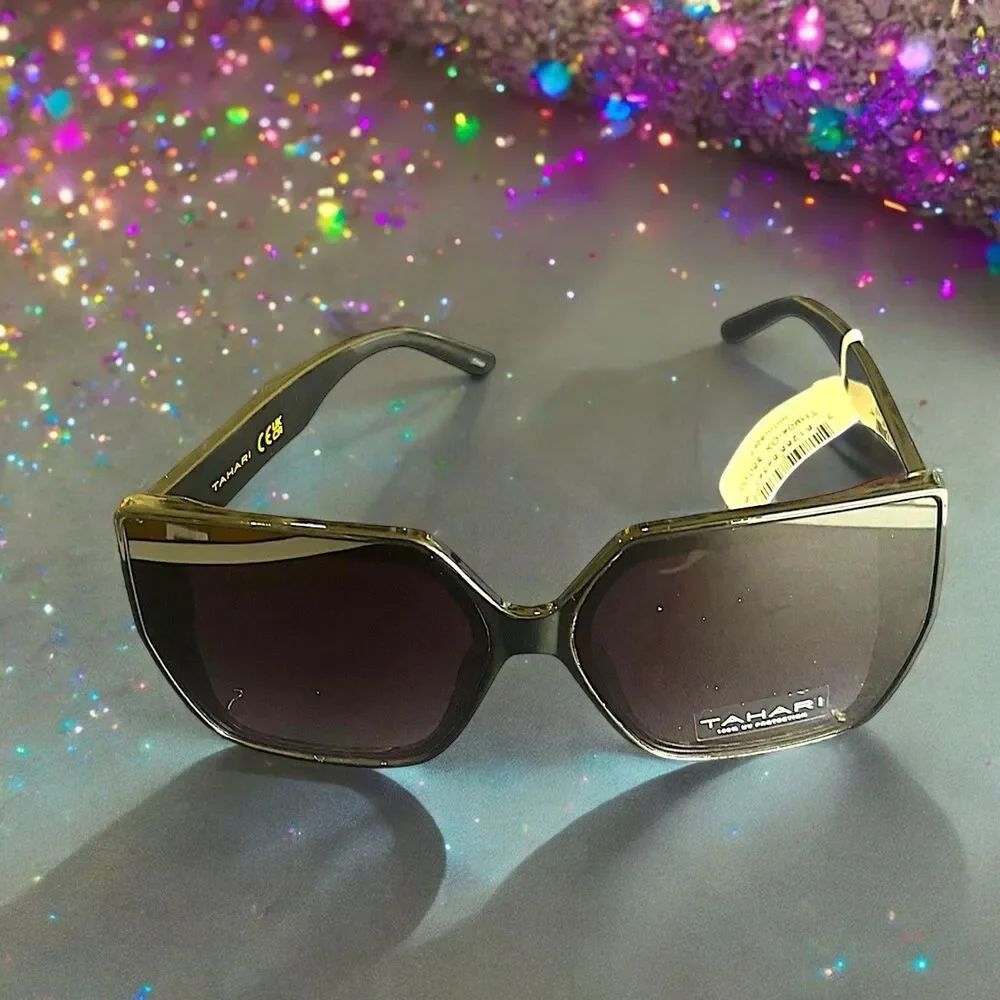Tahari Oversized Square Sunglasses TH904 OX Shiny Black Frame Gradient Lens NWT